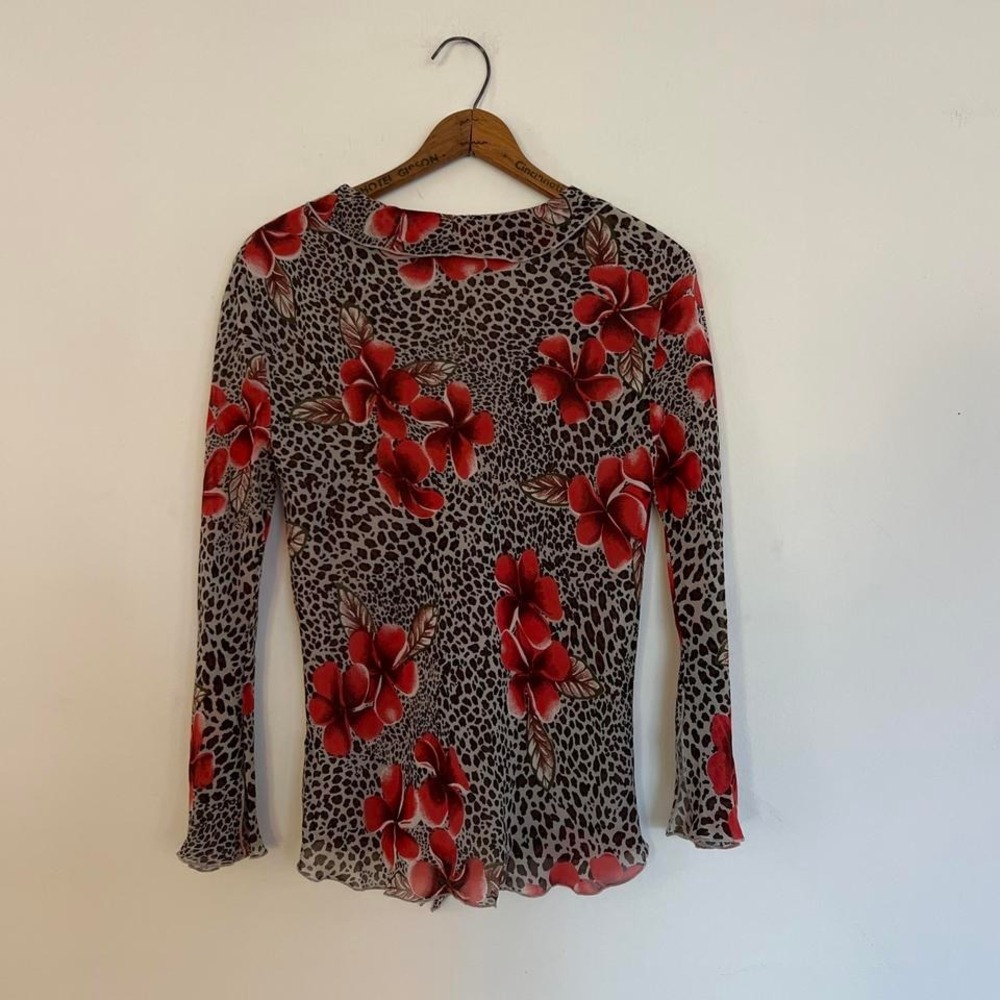Y2K 100% Silk Sheer Bell Sleeve Ruffle Leopard Hibiscus Print Top - Picture 8 of 8